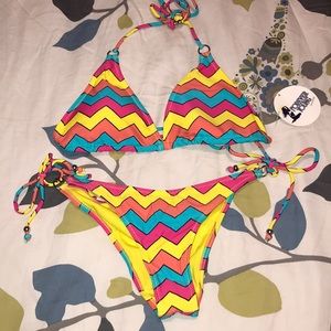 Zig-zagged striped bathing suit